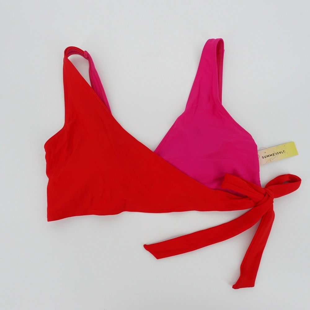 Summersalt The Wrap Bikini Top Red Hibiscus Pink Colorblock Size 10 NEW